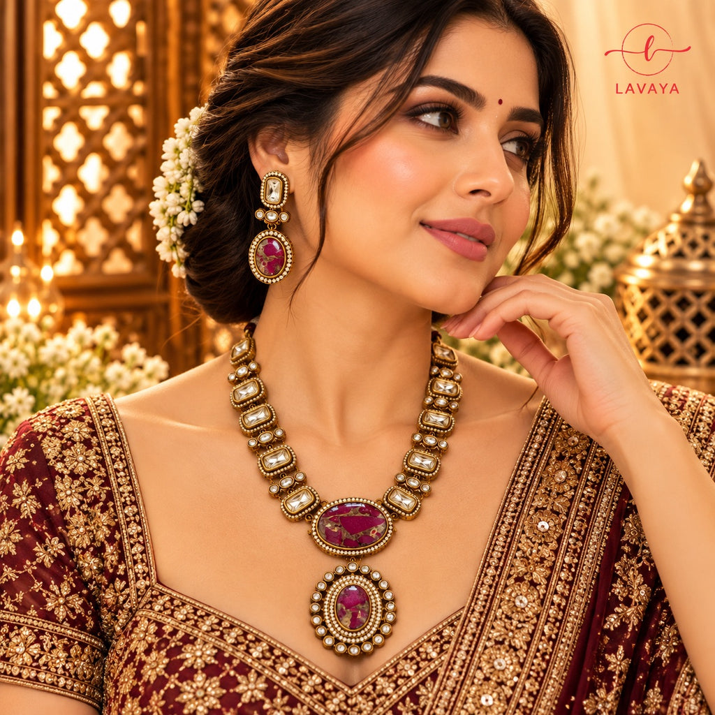 Royal Magenta Pink Marble Gemstone & Kundan Necklace Set with Earrings