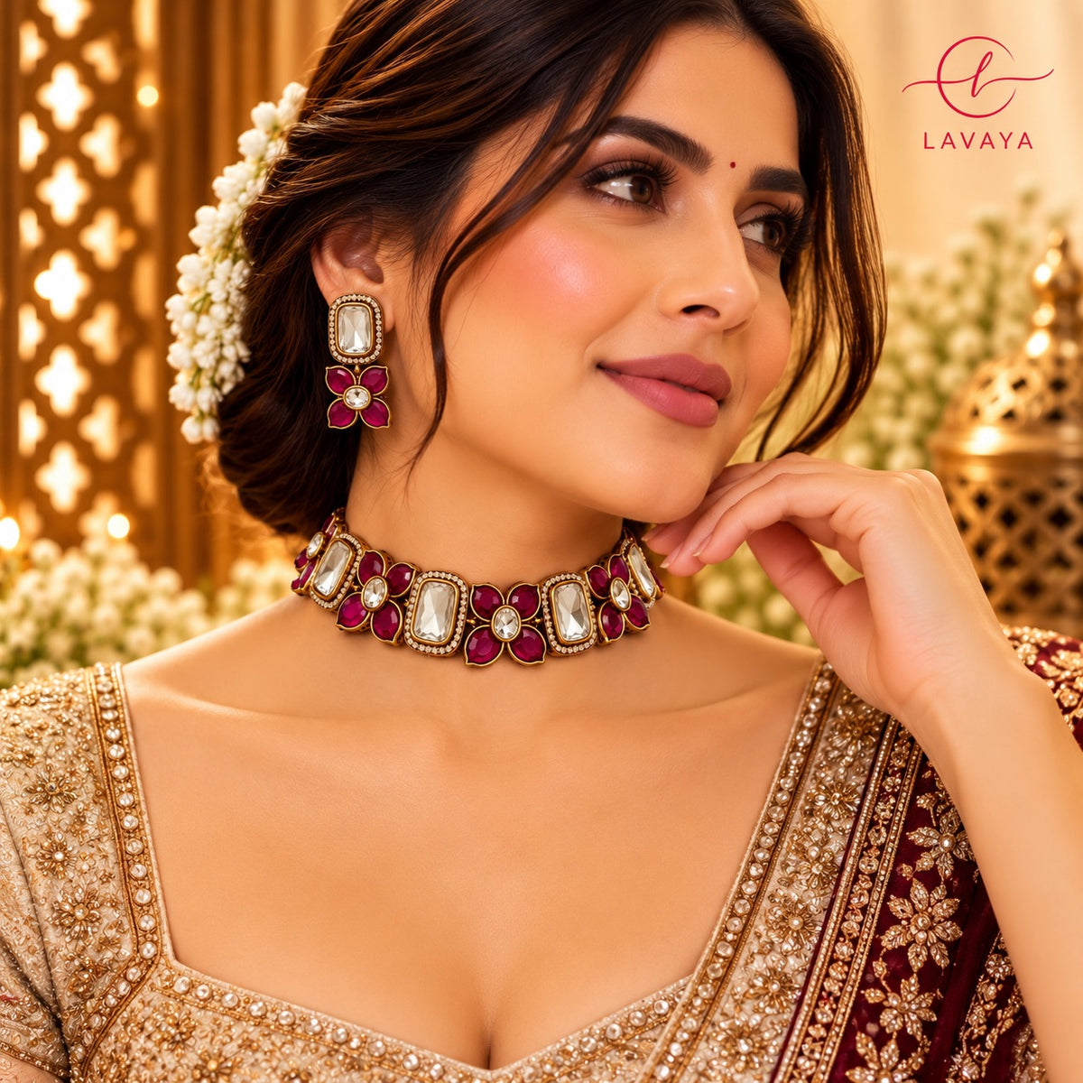 Handcrafted Antique Gold Kundan Choker Necklace with Floral Magenta Motif Earrings