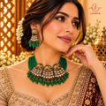 Royal Elephant Motif Green Bead & Kundan Fan Necklace Set with Matching Earrings