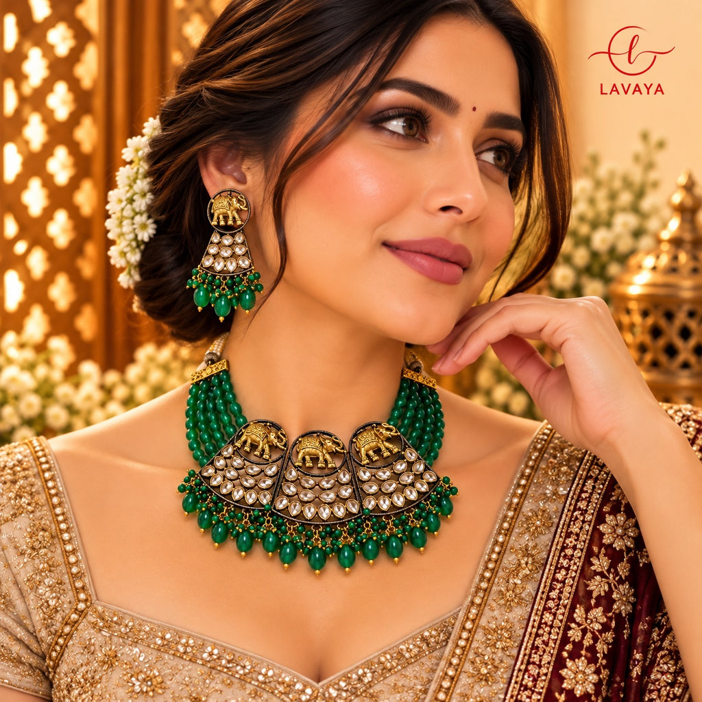 Lavaya Royal Green Floral Meenakari Beaded Necklace & Matching Earrings Set