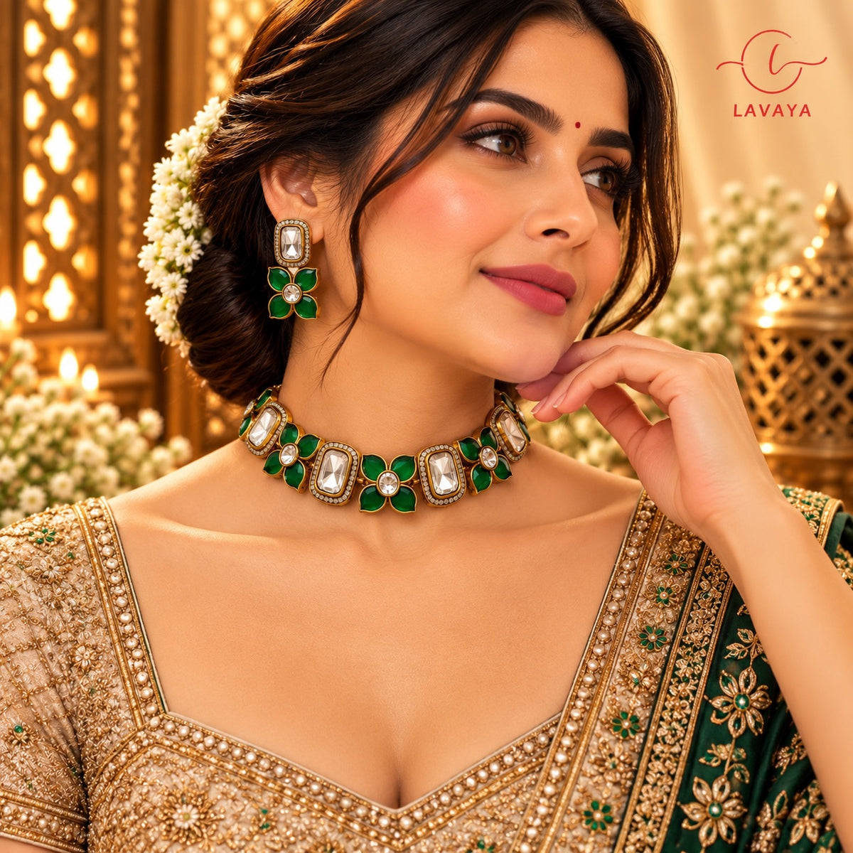 Emerald Green Floral & Oval Kundan Statement Necklace Set with Earrings