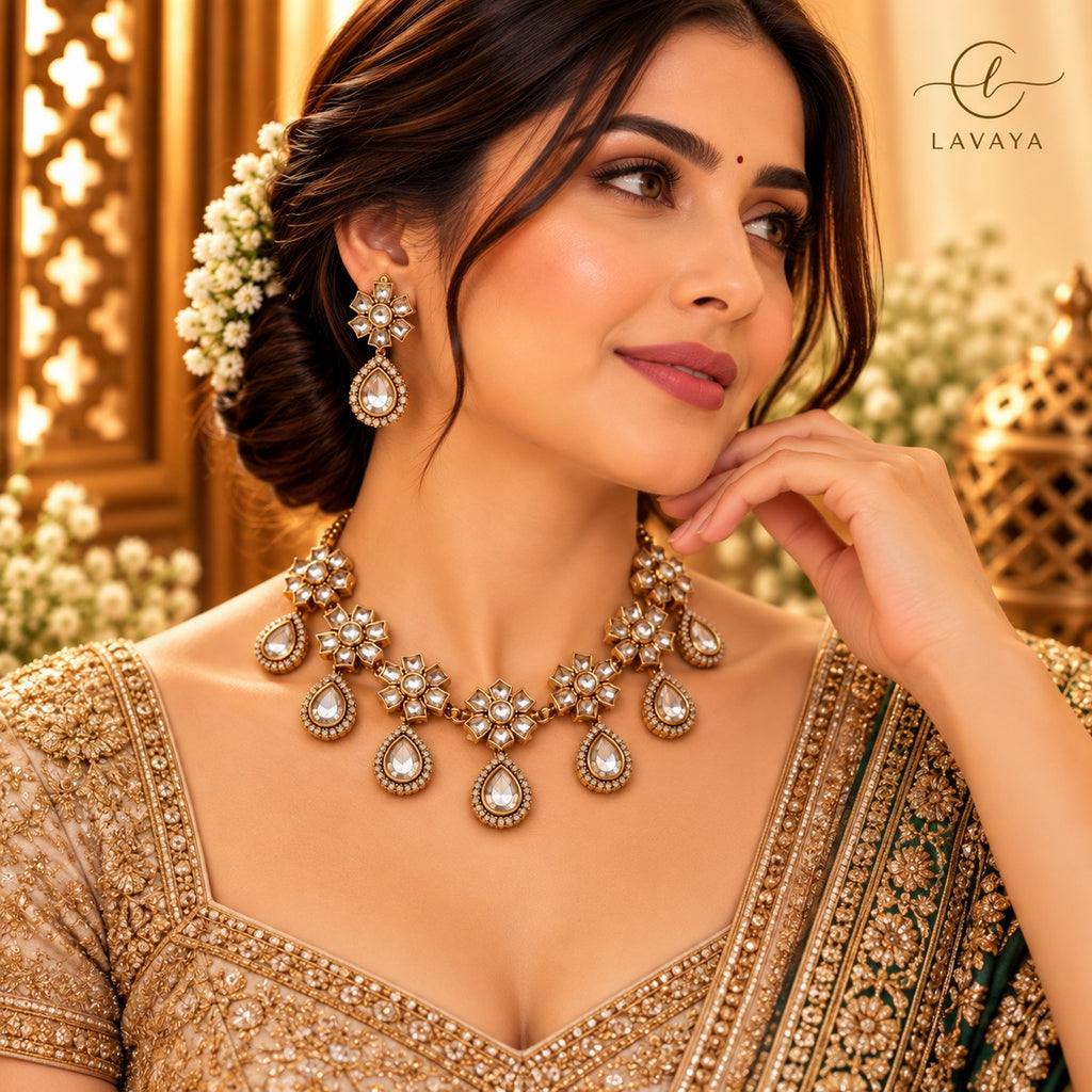 Royal Kundan Floral & Pear-Drop Statement Necklace Set with Earrings