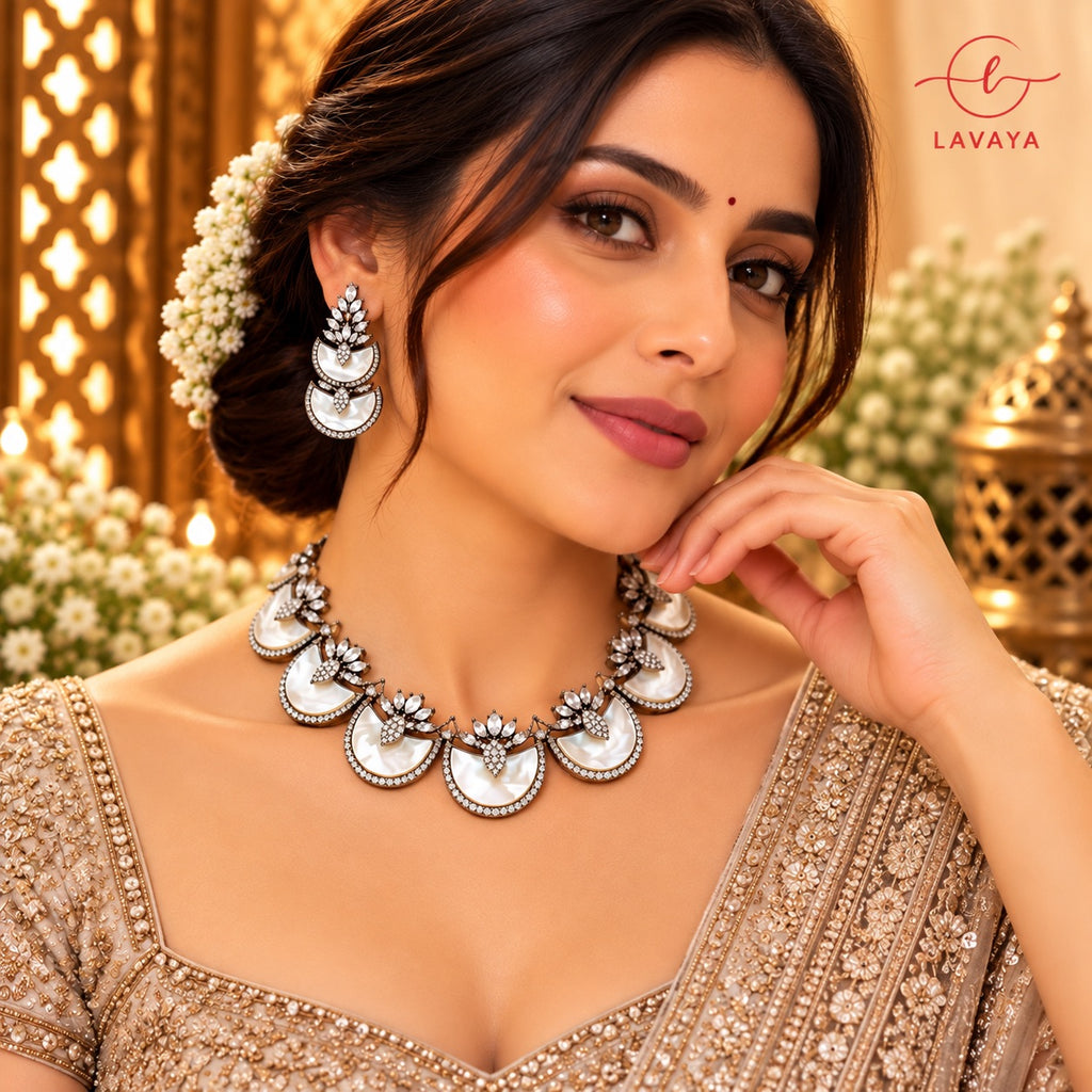 Mother of Pearl Crescent & CZ Diamond Statement Jewelry Set