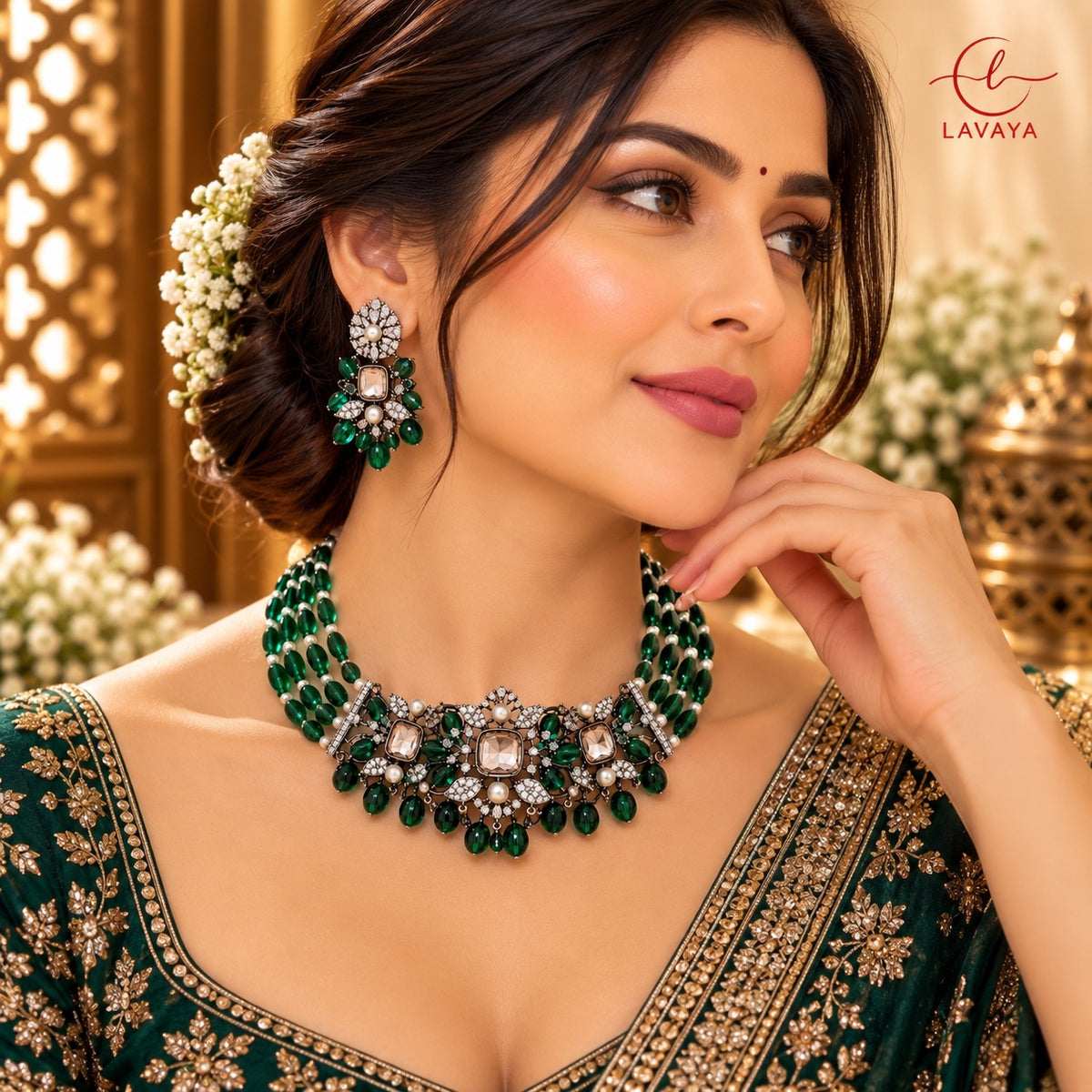 Emerald Green Multi-Strand Gemstone Choker & CZ Statement Jewelry Set