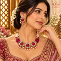Ruby Pink Carved Gemstone & Pearl Strand Kundan Necklace Set with Studs