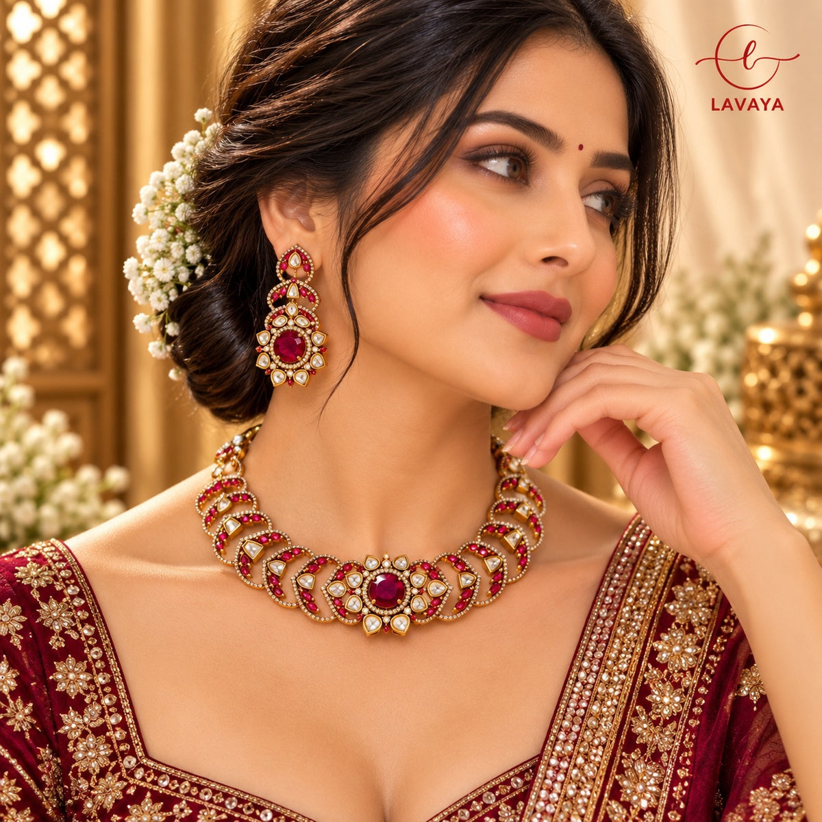 Ruby Red Crescent Kundan Choker & Tiered Statement Earrings Set