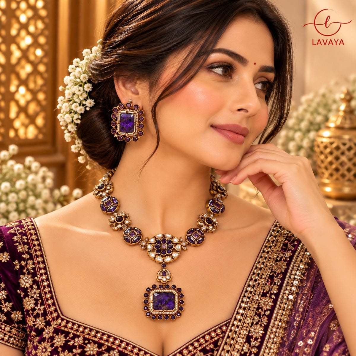 Royal Deep Purple Amethyst-Tone Kundan & Antique Gold Jewelry Set