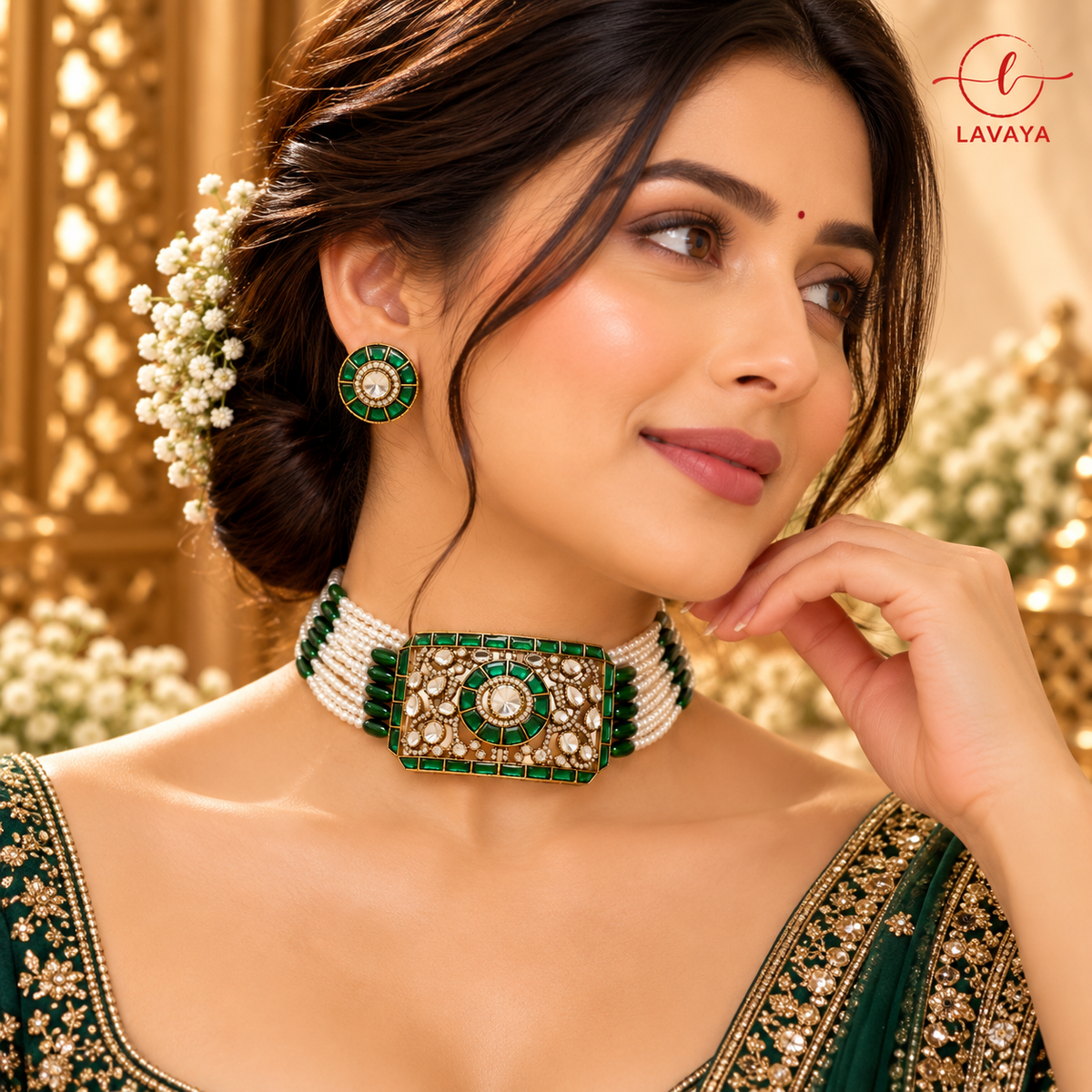Emerald Green Enamel & Multi-Strand Pearl Kundan Choker Set with Studs