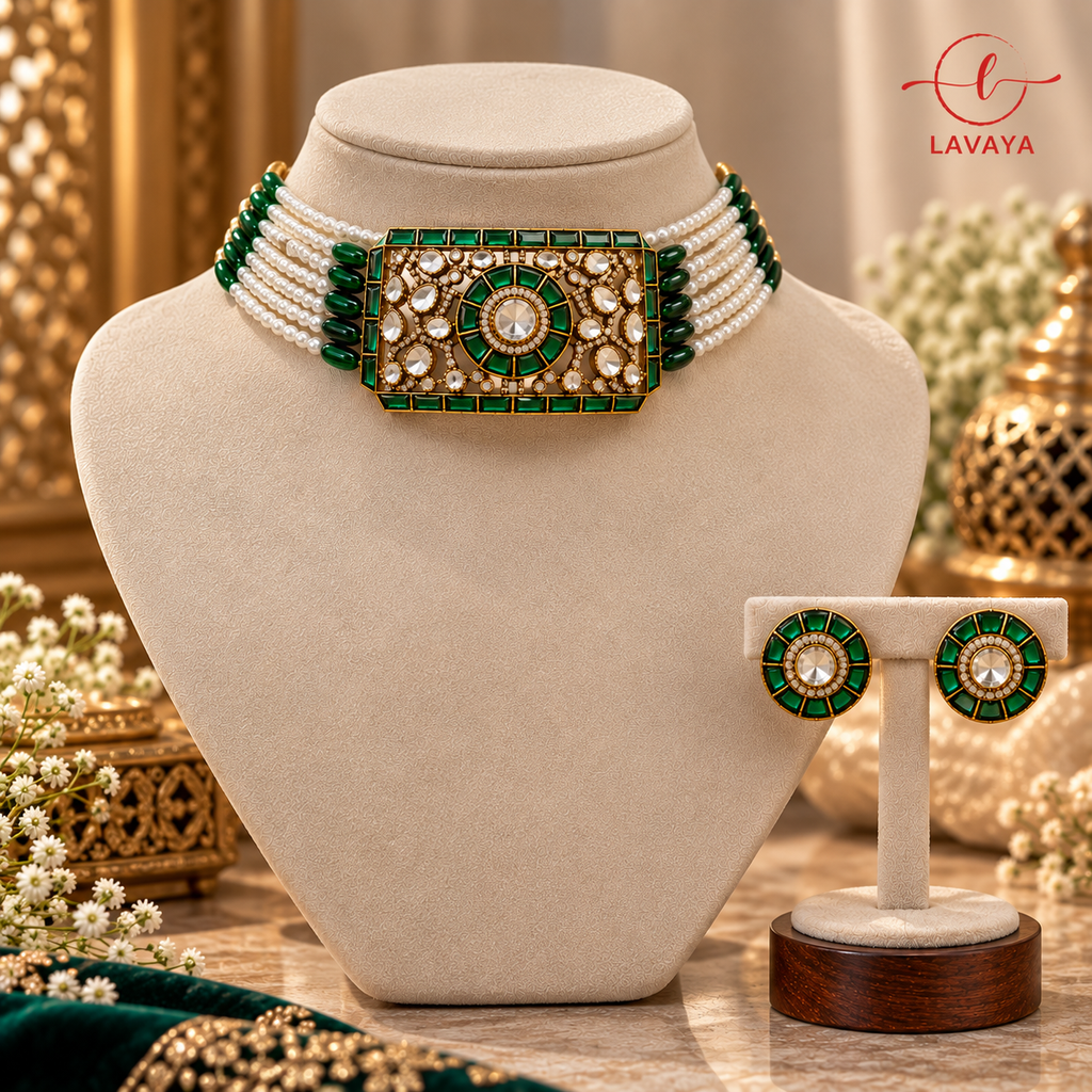 Emerald Green Enamel & Multi-Strand Pearl Kundan Choker Set with Studs