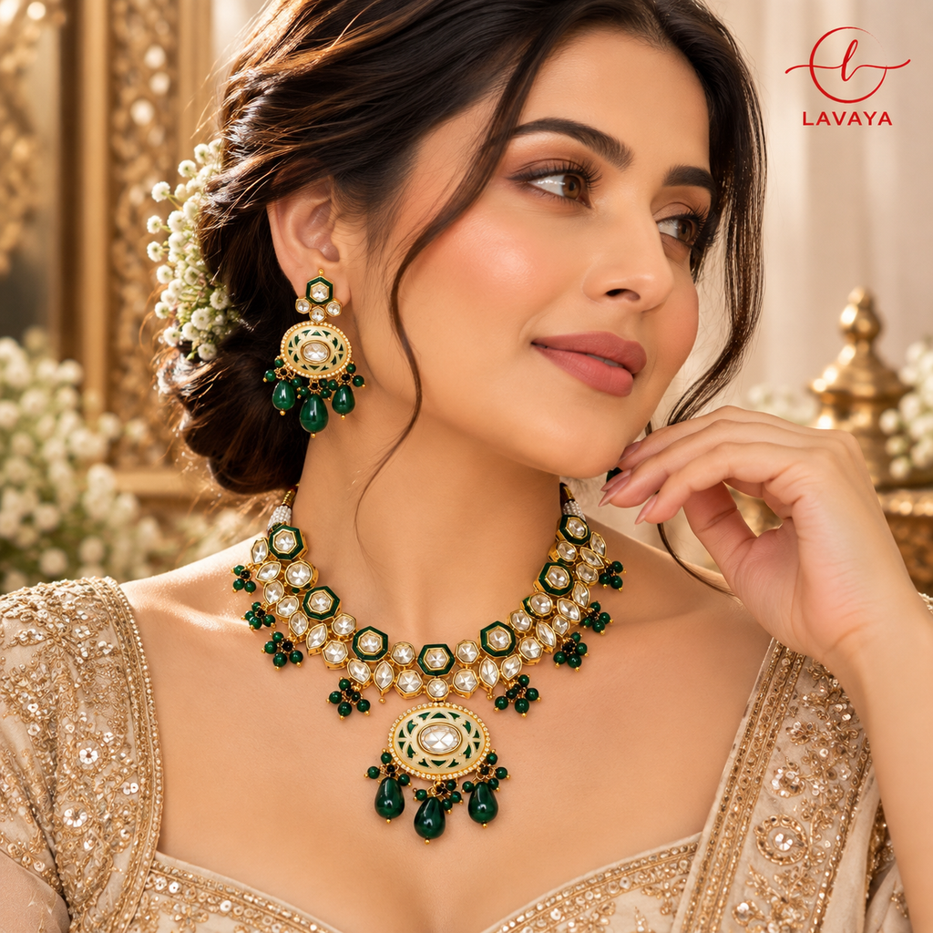 Royal Hexagon Kundan & Ivory Enamel Medallion Necklace with Drop Earrings