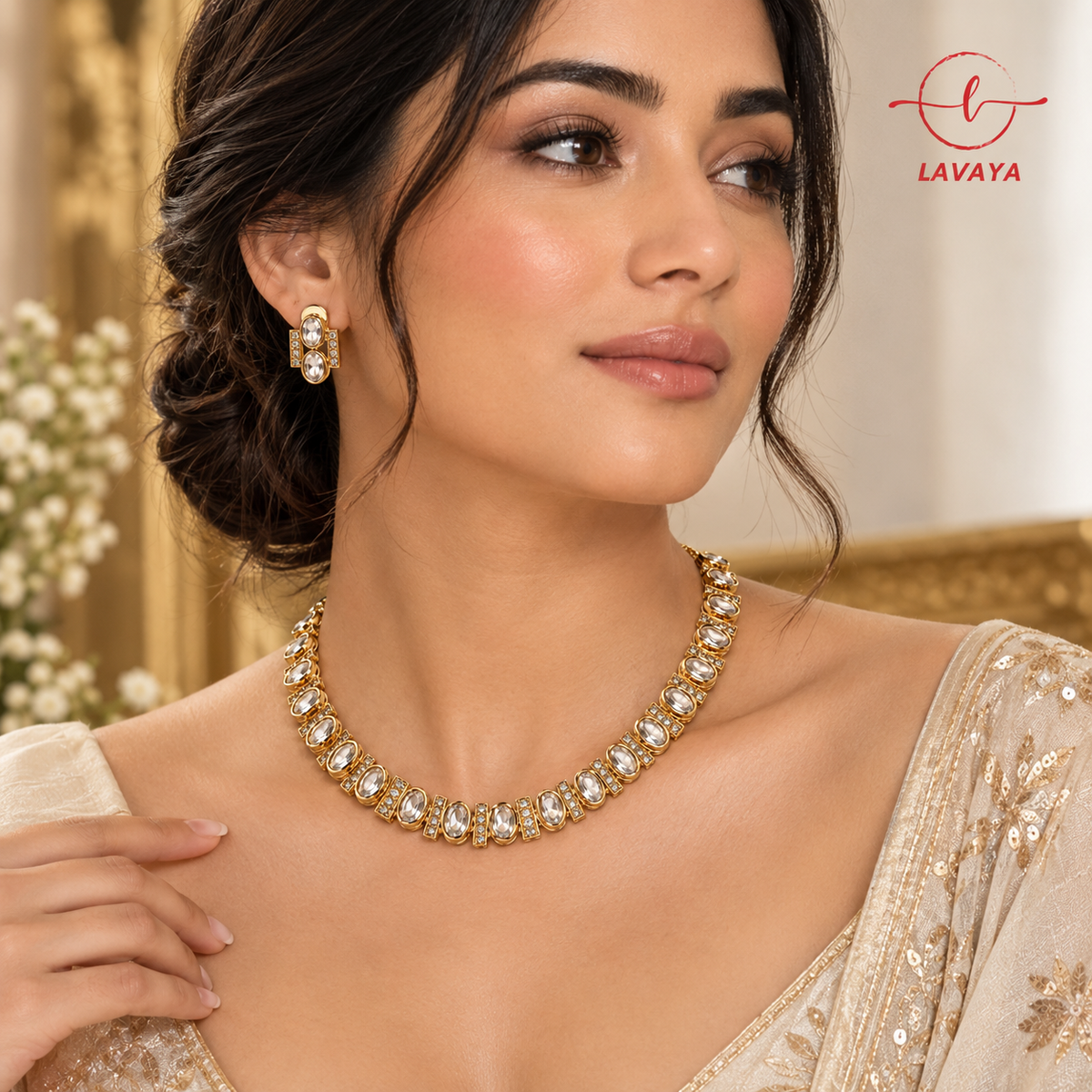 Classic Royal Oval Solitaire Kundan Collar Necklace Set for Women
