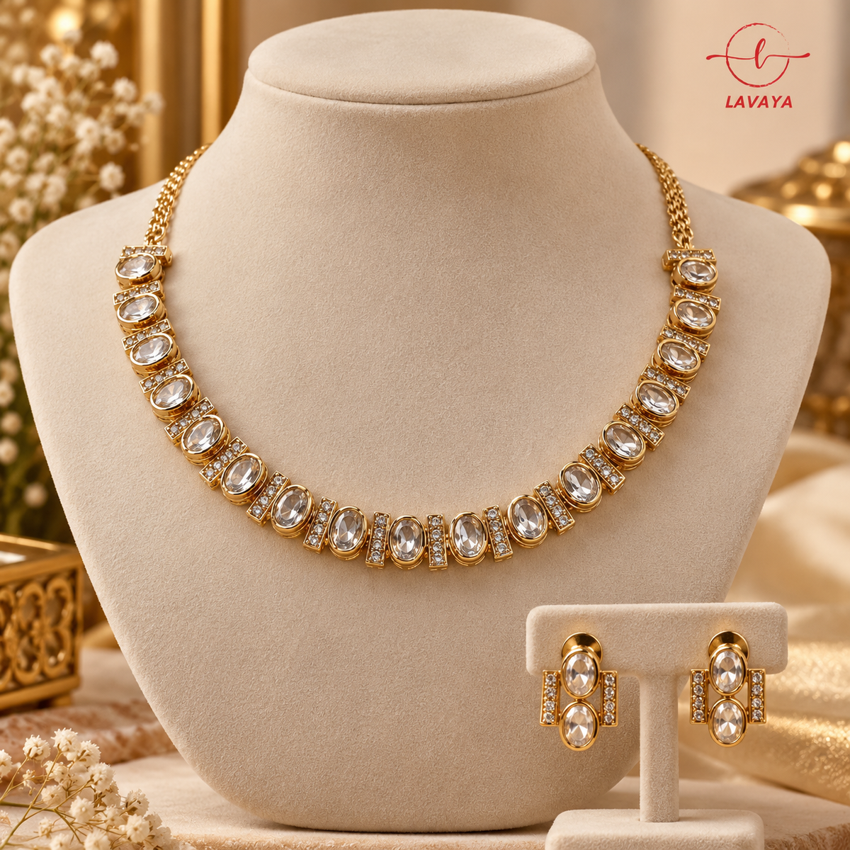 Classic Royal Oval Solitaire Kundan Collar Necklace Set for Women