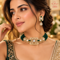 Royal Ivory Resin Framed Kundan Centerpiece Choker with Emerald Beads & Drop Earrings