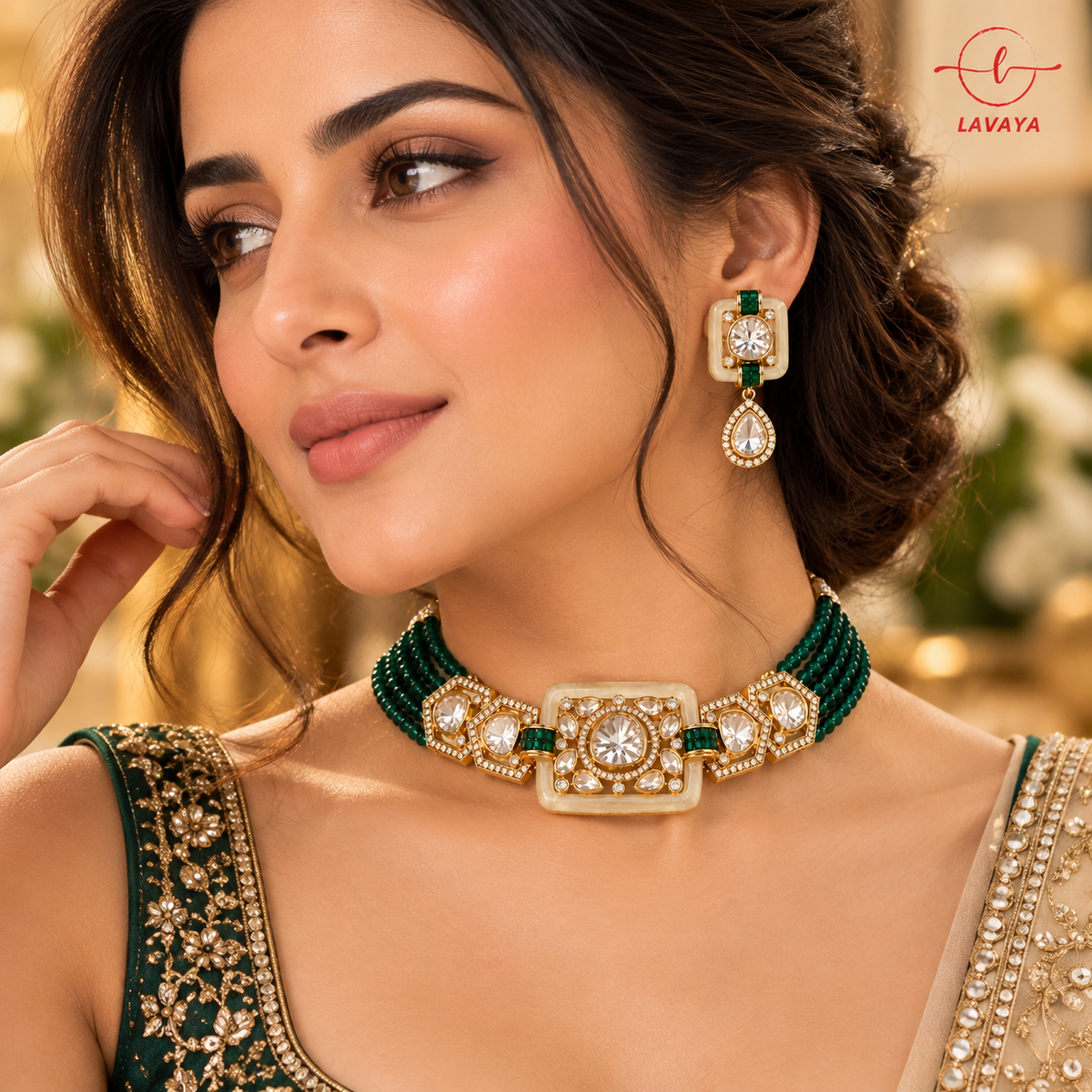 Royal Ivory Resin Framed Kundan Centerpiece Choker with Emerald Beads & Drop Earrings