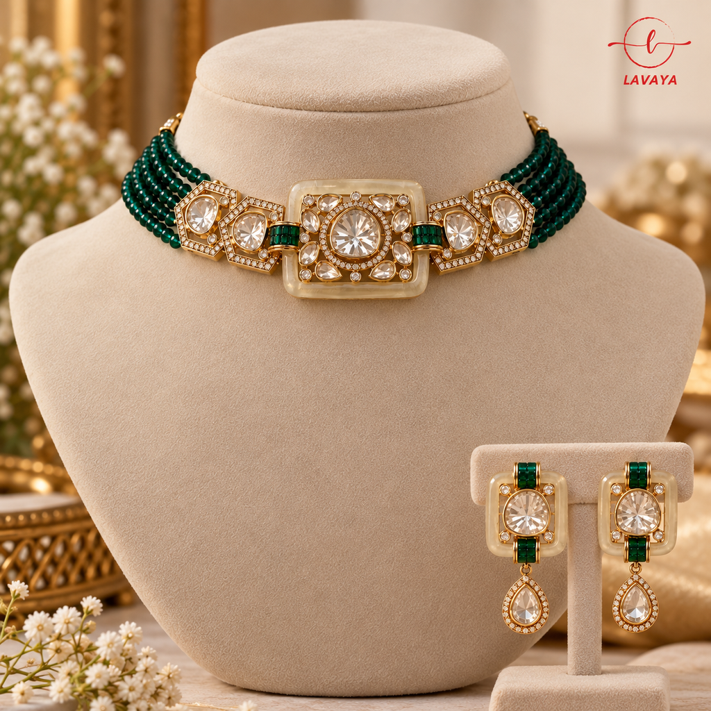 Royal Ivory Resin Framed Kundan Centerpiece Choker with Emerald Beads & Drop Earrings