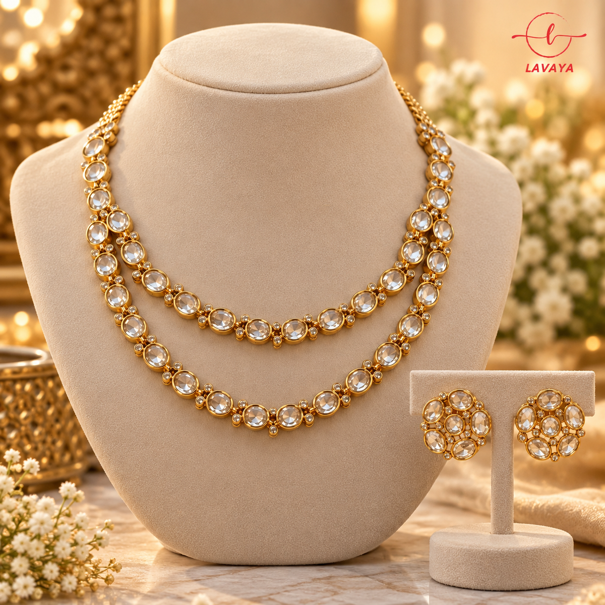Regal Double Strand Clear Oval Crystal Kundan Set for Festive & Bridal Wear