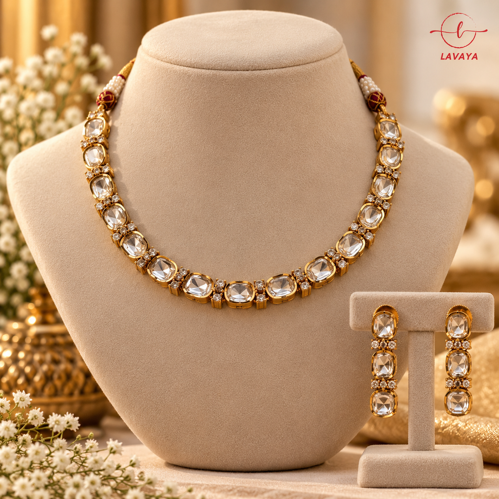 Regal Clear Cushion Cut Crystal Kundan Set for Festive & Contemporary Wear