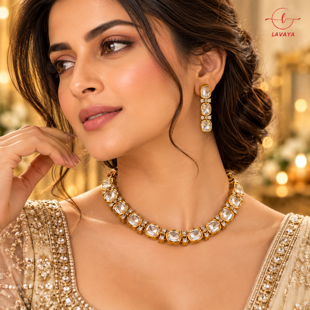 Regal Clear Cushion Cut Crystal Kundan Set for Festive & Contemporary Wear
