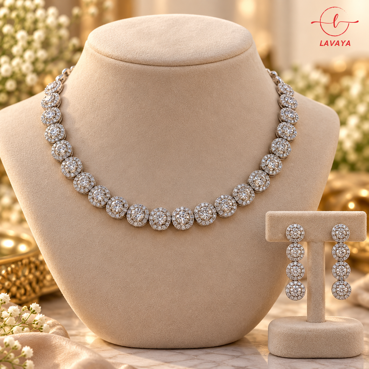 Classic Silver-Finish Circle Halo Solitaire Statement Necklace Set for Women