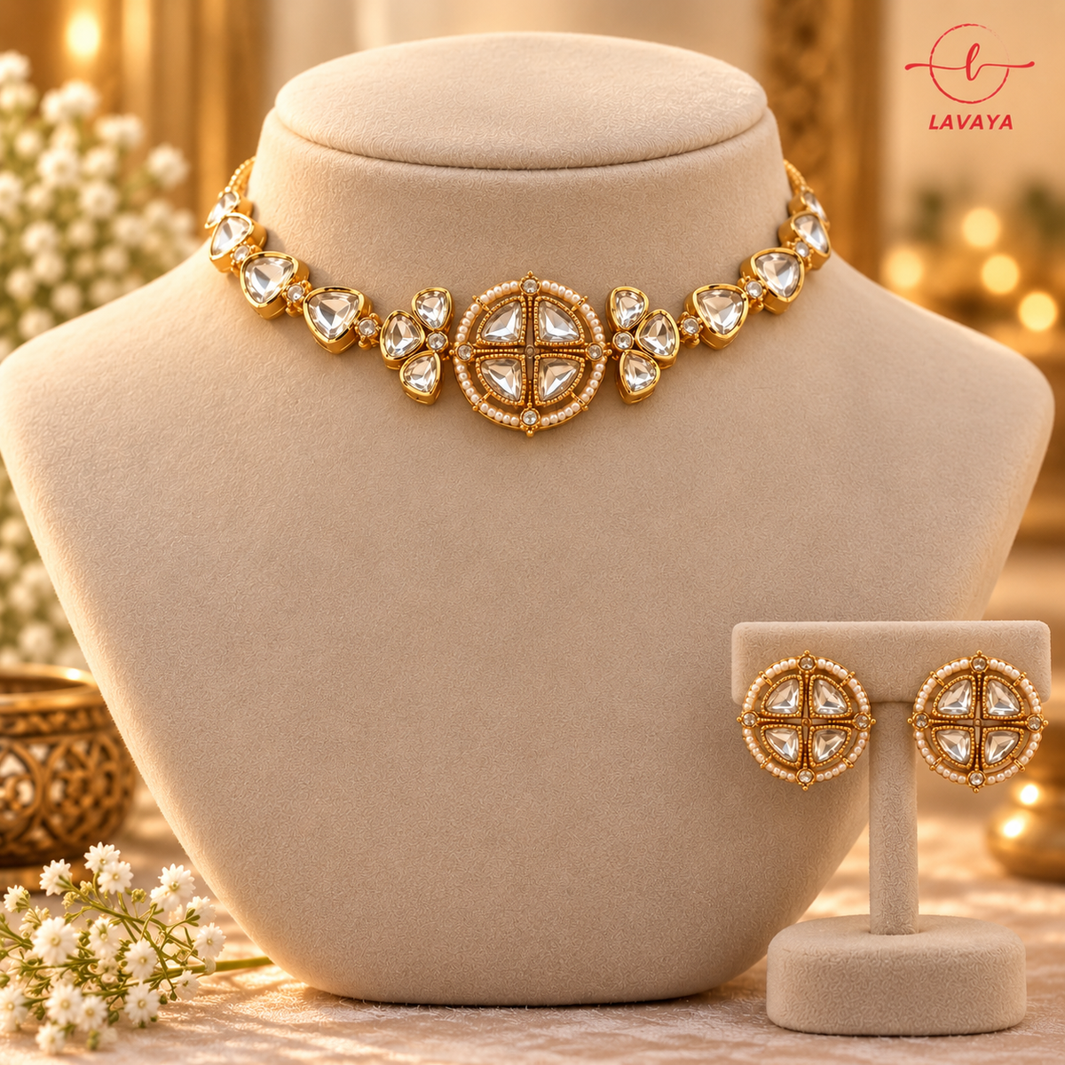 Royal Circular Motif Kundan Choker with Pearl Micro-Bead Border & Matching Stud Earrings
