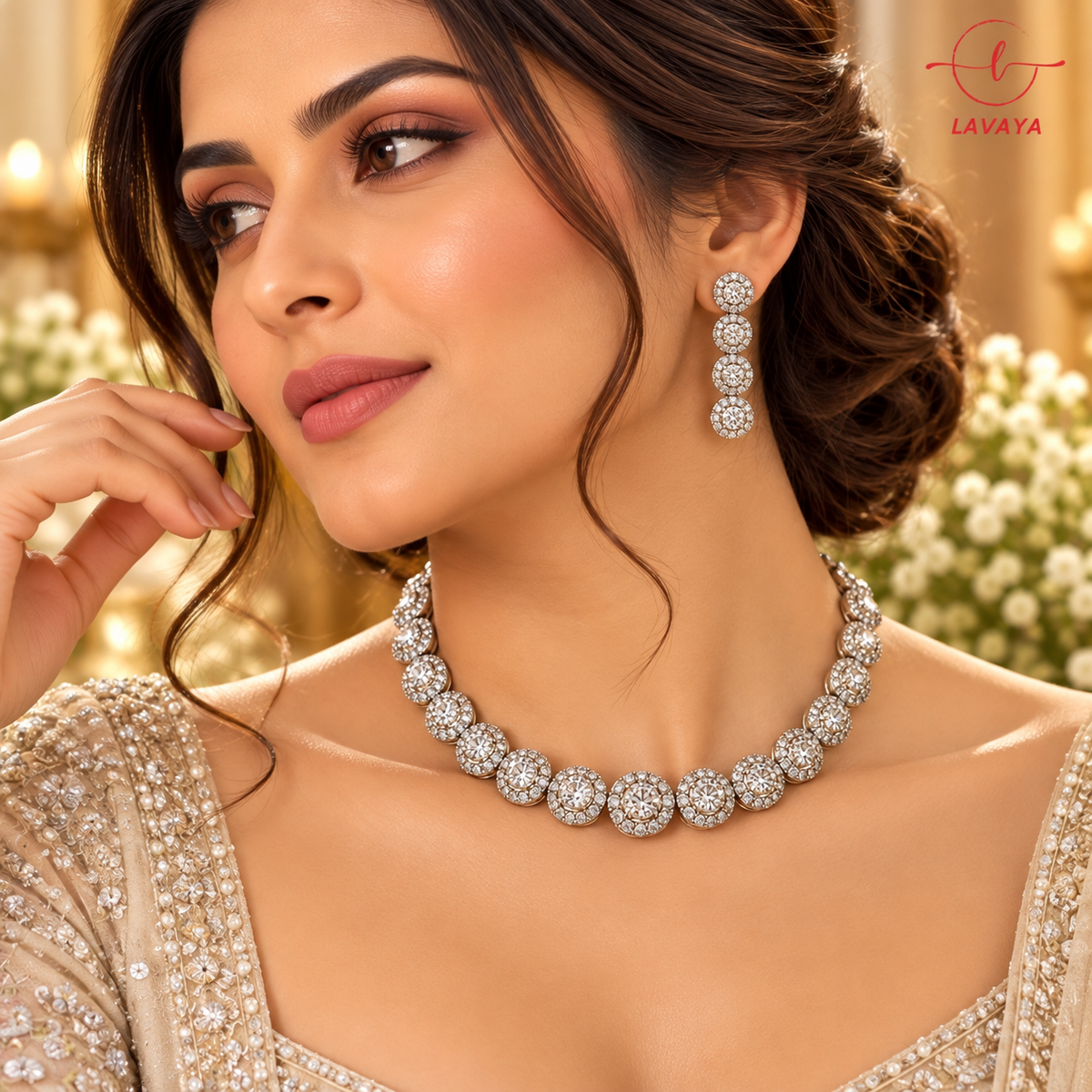 Classic Silver-Finish Circle Halo Solitaire Statement Necklace Set for Women
