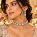 Classic Silver-Finish Oval Halo Solitaire Statement Necklace Set for Women