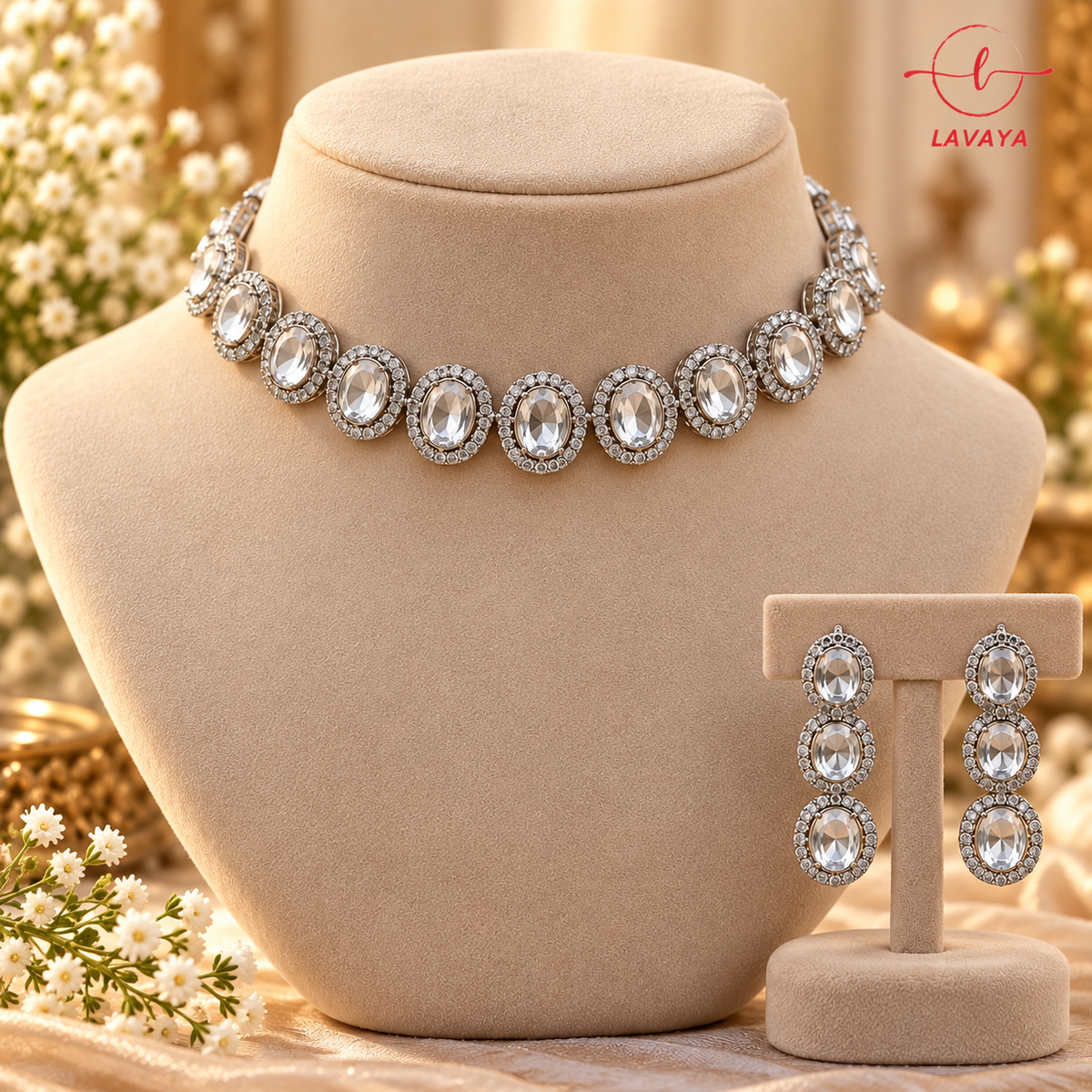 Classic Silver-Finish Oval Halo Solitaire Statement Necklace Set for Women