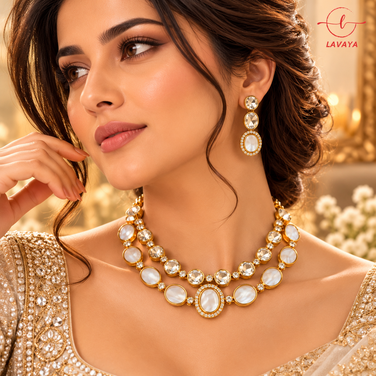 Royal Double Layer Pearl & Clear Crystal Kundan Necklace with Drop Earrings