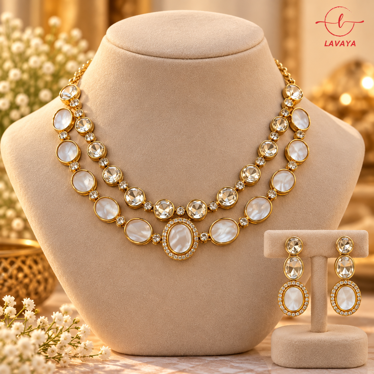 Royal Double Layer Pearl & Clear Crystal Kundan Necklace with Drop Earrings