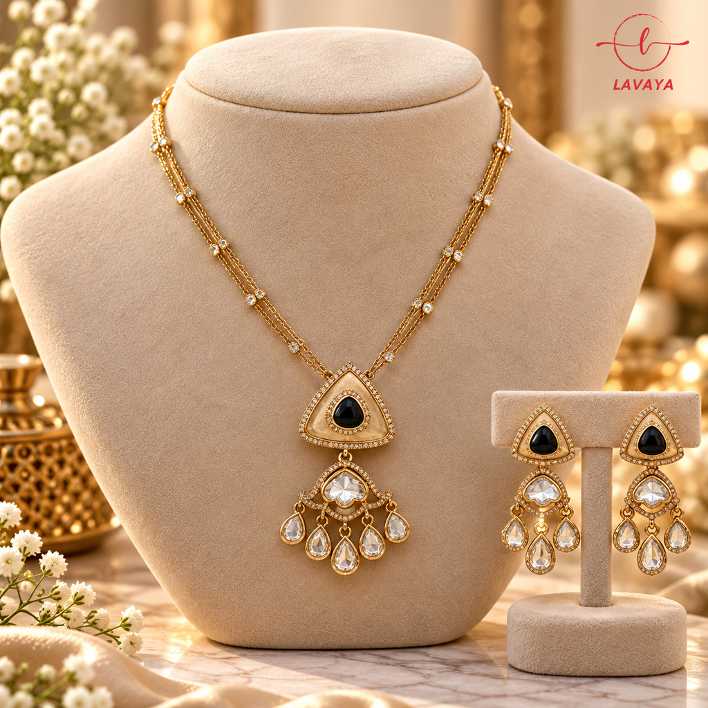 Royal Geometric Triangular Pendant Necklace with Kundan Drops & Delicate Pearl-Accent Chain