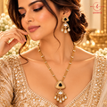 Royal Geometric Triangular Pendant Necklace with Kundan Drops & Delicate Pearl-Accent Chain
