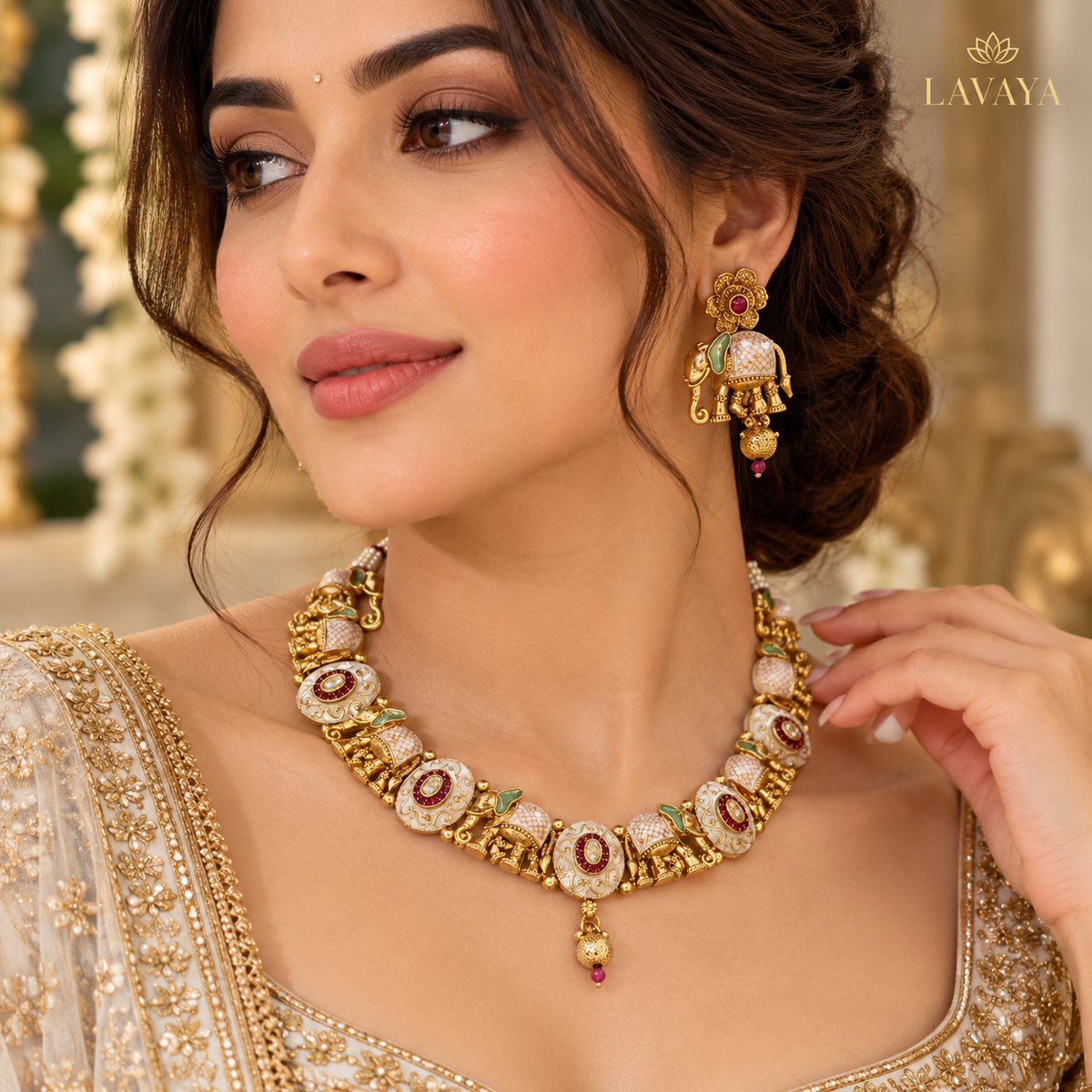 Royal Ivory Meenakari Elephant Collar Necklace with Ruby Accents & Jhumki Drop Earrings