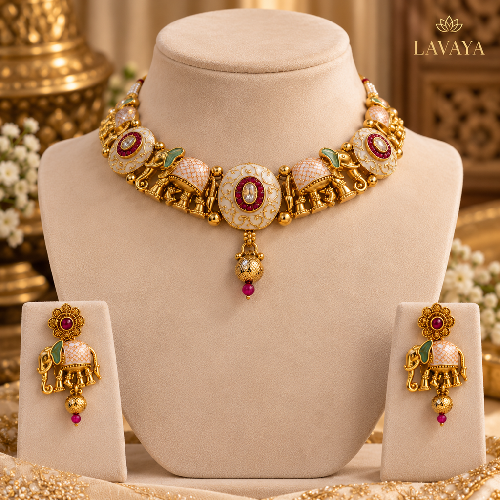 Royal Ivory Meenakari Elephant Collar Necklace with Ruby Accents & Jhumki Drop Earrings