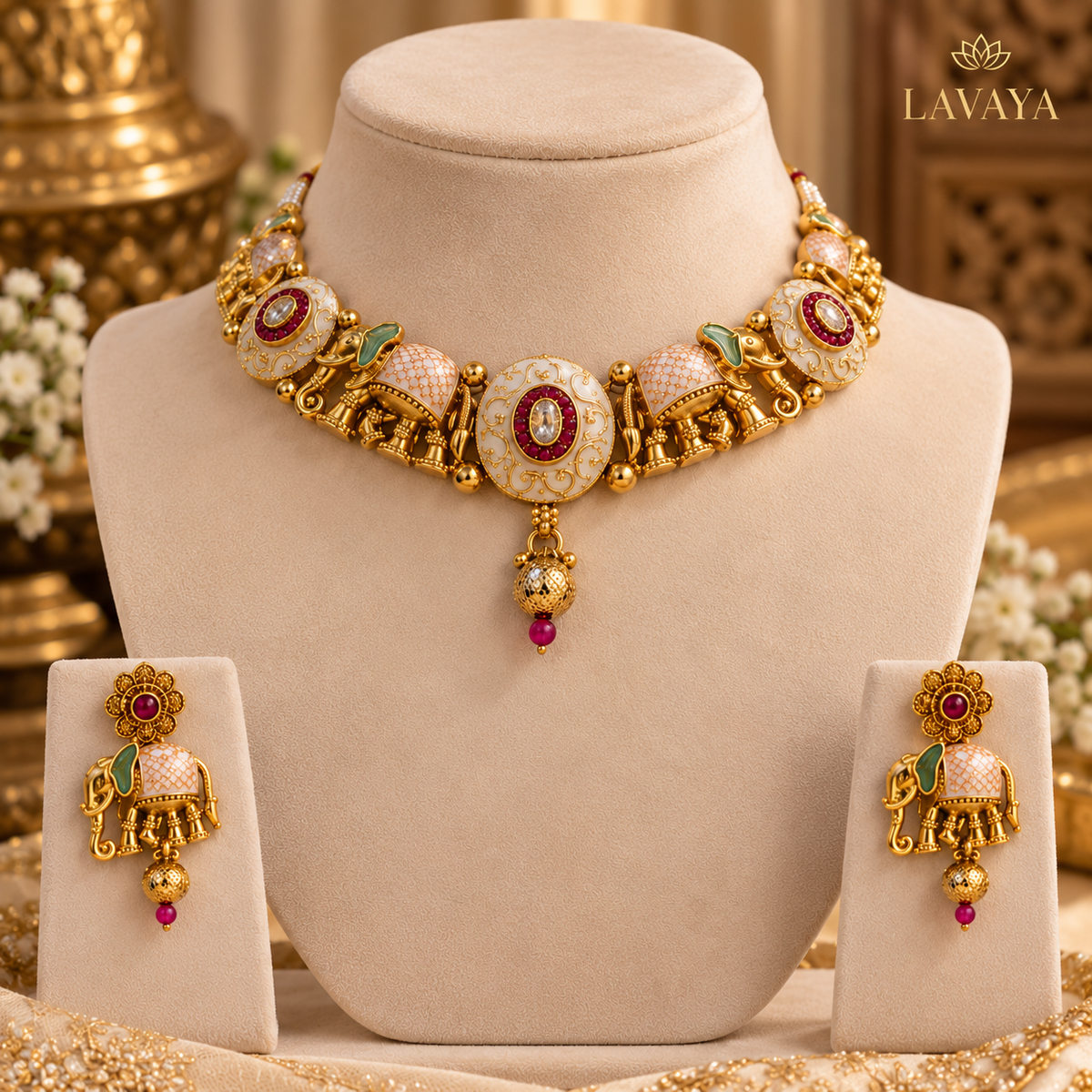 Royal Ivory Meenakari Elephant Collar Necklace with Ruby Accents & Jhumki Drop Earrings
