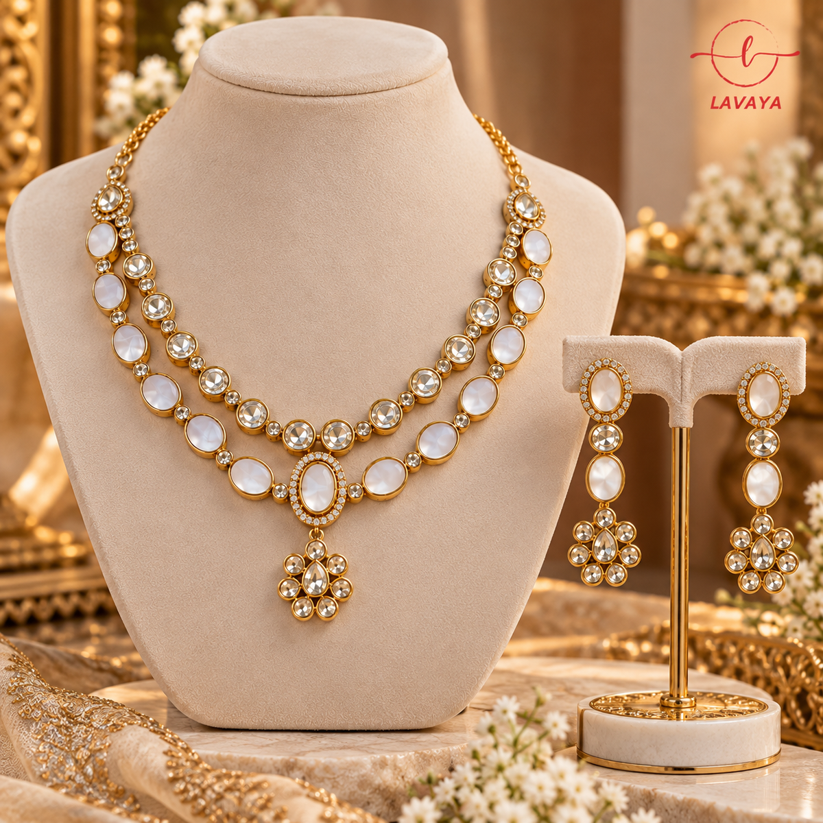 Royal Layered Pearl Cabochon & Kundan Collar Set with Statement Floral Pendant & Drop Earrings