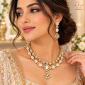 Royal Layered Pearl Cabochon & Kundan Collar Set with Statement Floral Pendant & Drop Earrings