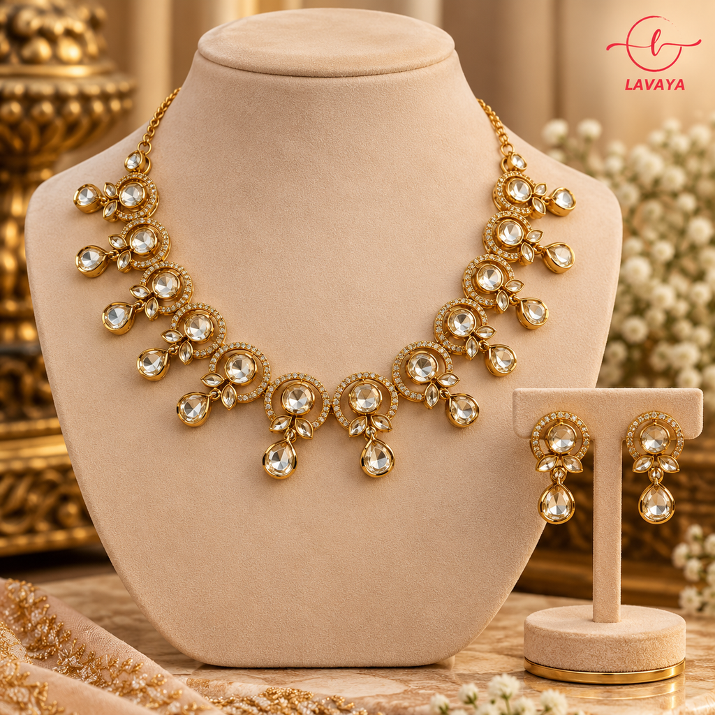 Royal Halo Crescent Kundan Collar Necklace Set with Matching Drop Earrings