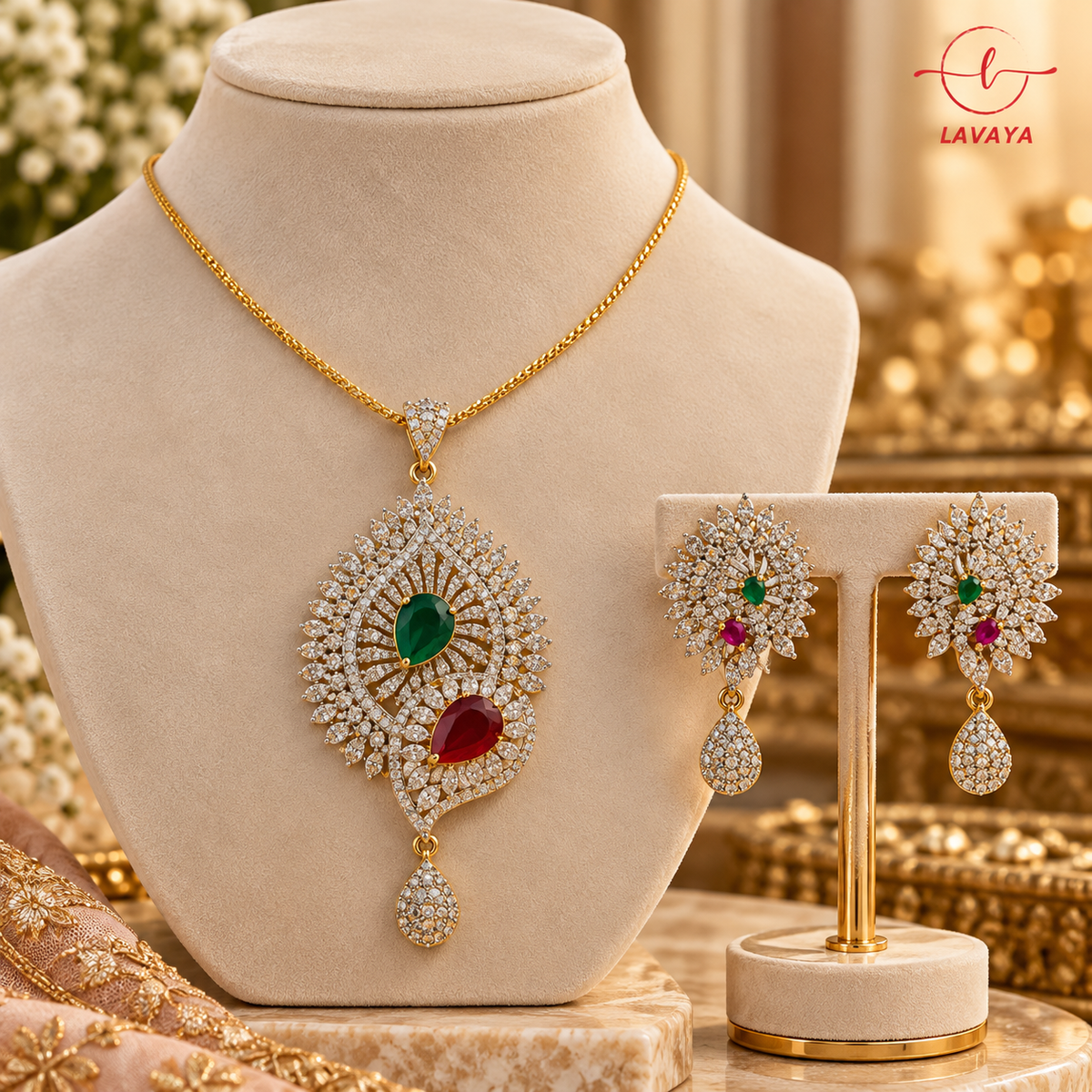 Luxury Dual-Tone Gold Finish Floral Filigree CZ Pendant Necklace Set for Festive Wear