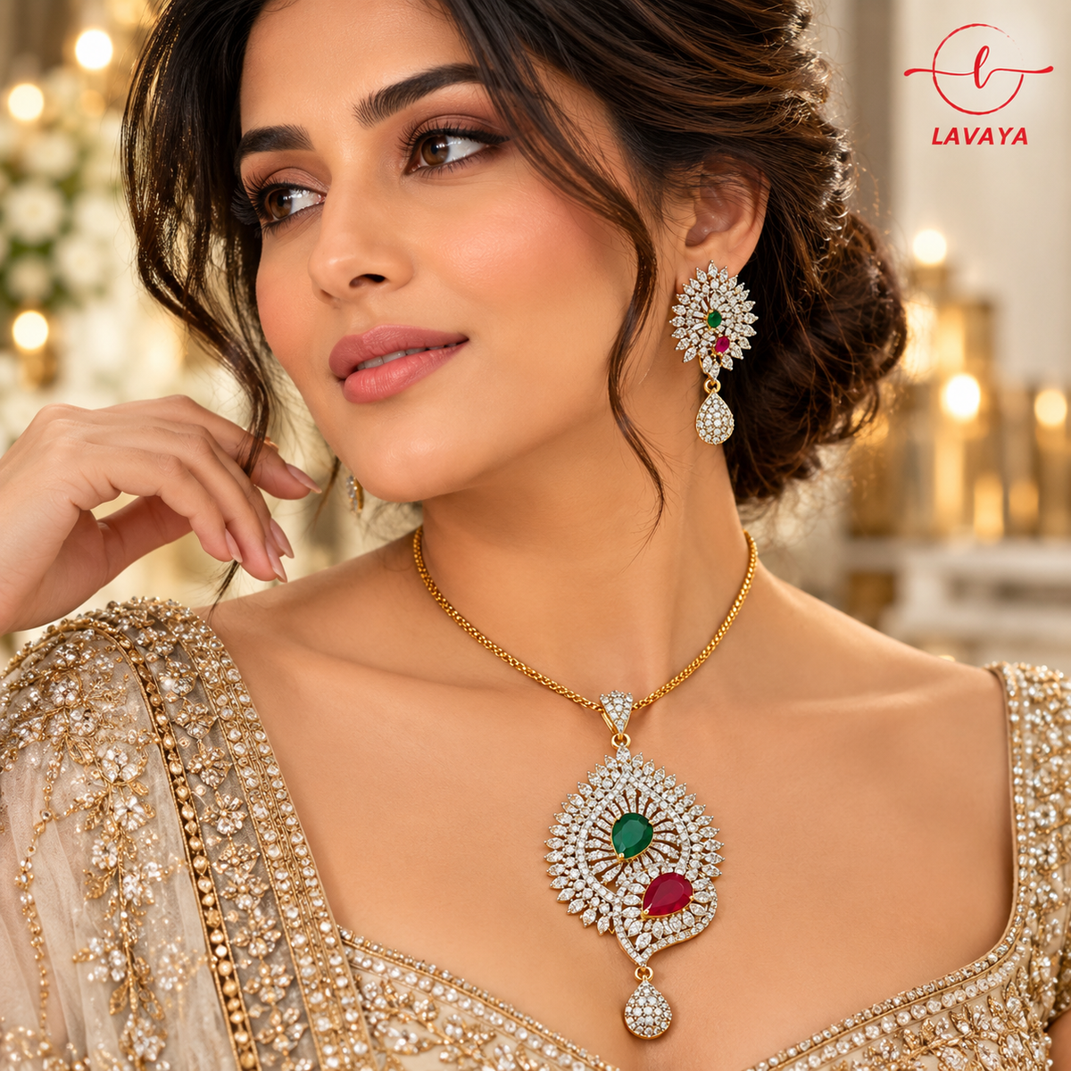 Luxury Dual-Tone Gold Finish Floral Filigree CZ Pendant Necklace Set for Festive Wear