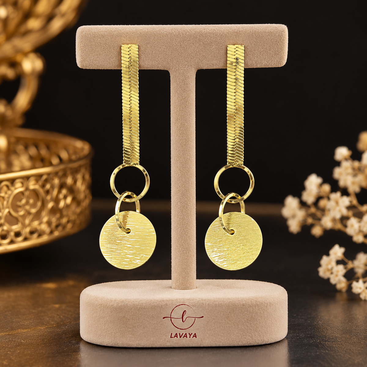 Lavaya Elegant Gold-Tone Textured Long Dangle Earrings for Women