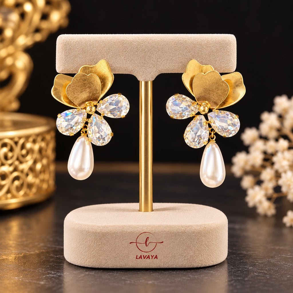 Lavaya Luxury Golden Floral Crystal Earrings with Elegant Pearl Drop – Premium Designer Statement Earrings for Women