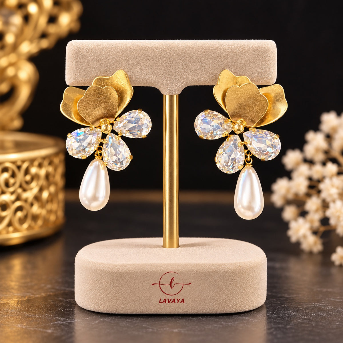 Lavaya Luxury Golden Floral Crystal Earrings with Elegant Pearl Drop – Premium Designer Statement Earrings for Women