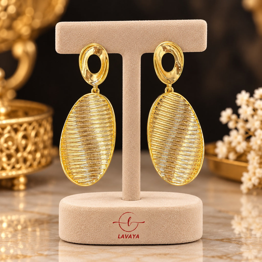 Lavaya Premium Gold-Tone Textured Oval Drop Earrings for Women – Elegant Statement Jewellery with Polished Open Oval Stud & Artistic Ribbed Design.  NP PRICE