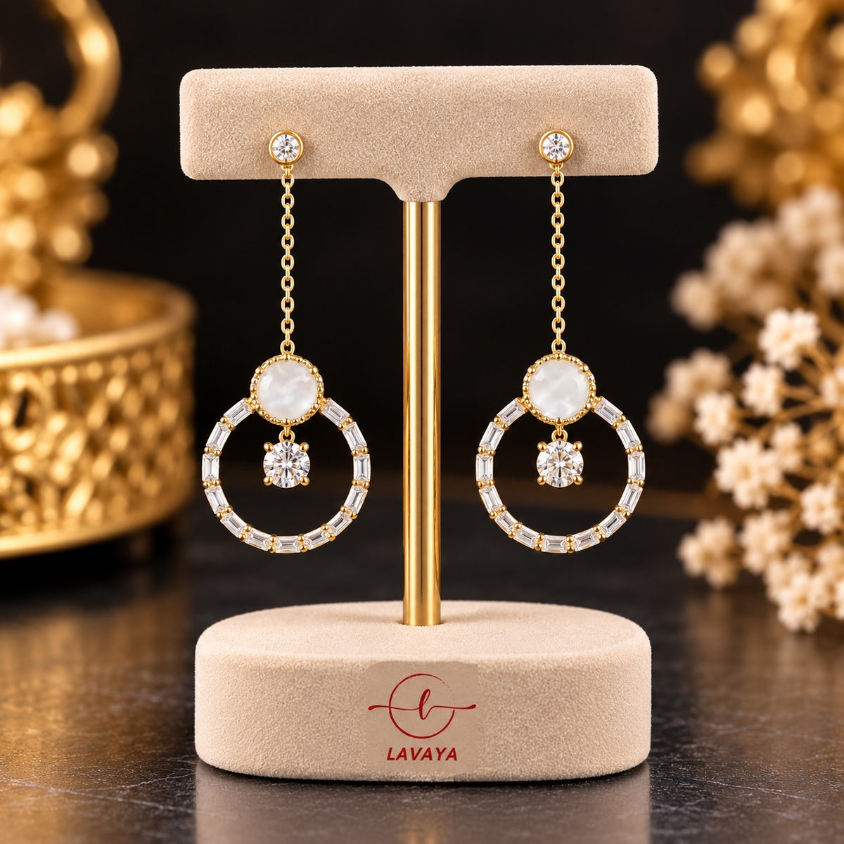 Lavaya Elegant Golden Pearl & Crystal Hoop Drop Earrings for Women – Premium Long Chain Danglers with Sparkling Stone Studded Circular Design, Statement Jewellery. NO PRICE