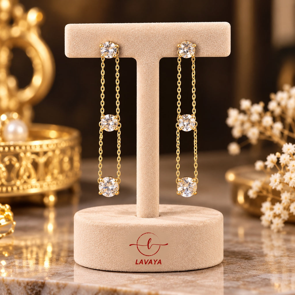 Lavaya Elegant Gold-Tone Triple Crystal Chain Drop Earrings for Women – Premium Long Dangle Party Wear Jewellery
