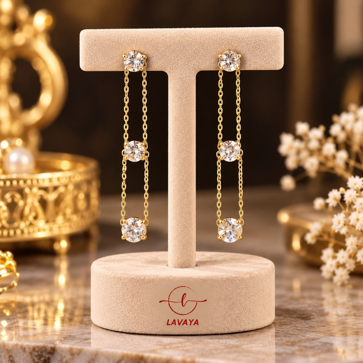 Lavaya Elegant Gold-Tone Triple Crystal Chain Drop Earrings for Women – Premium Long Dangle Party Wear Jewellery