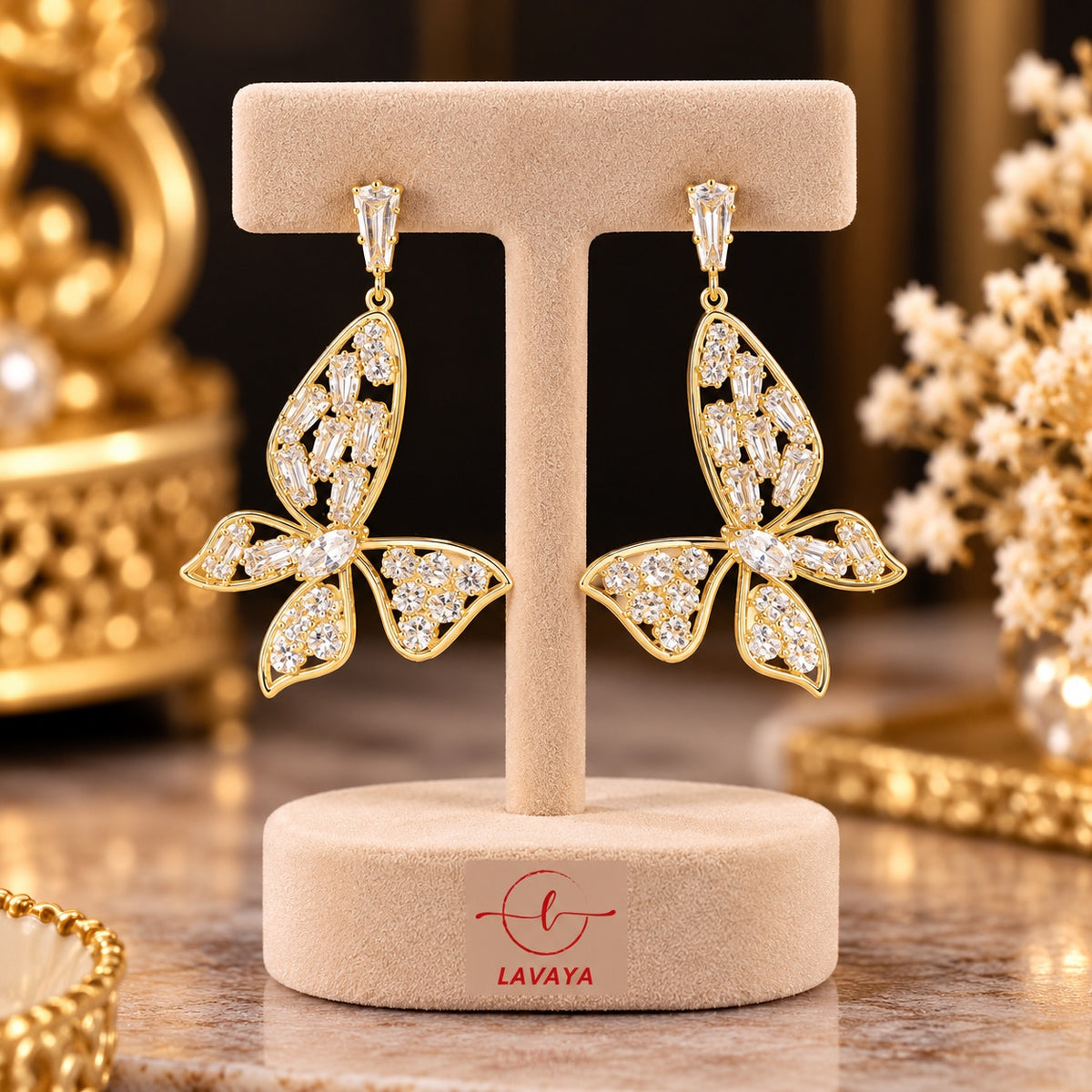 Lavaya Premium Gold-Tone Crystal Butterfly Drop Earrings for Women – Elegant Sparkling Stone-Studded Butterfly Design Statement Jewellery for Parties & Special Occasions. NO PRICE