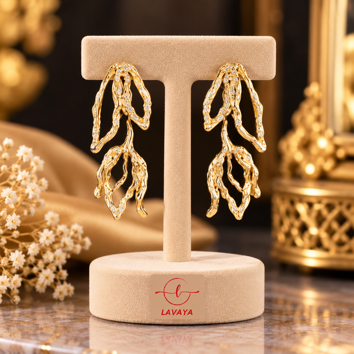 Lavaya Luxury Gold-Tone Crystal Embellished Abstract Leaf Drop Earrings for Women