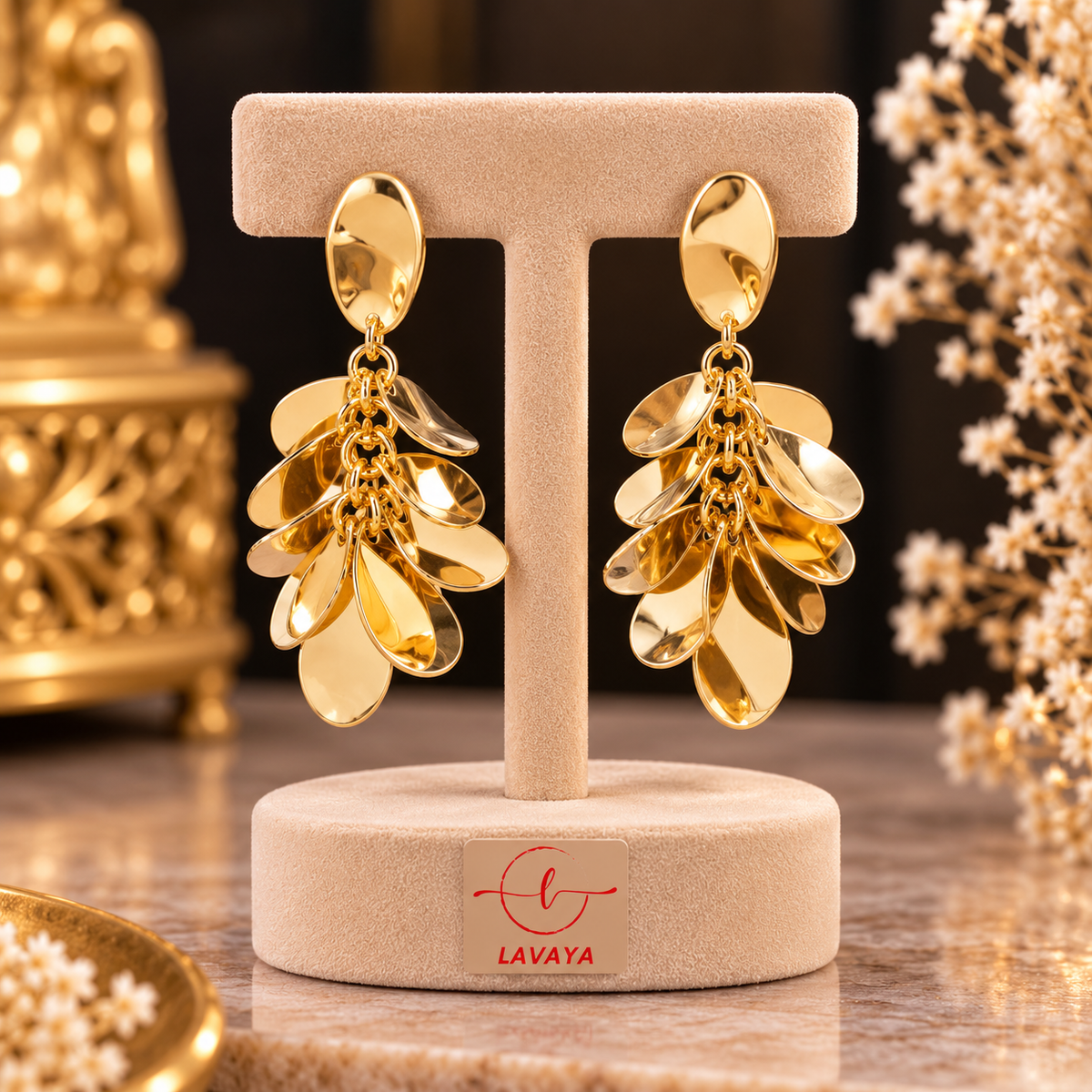 Lavaya Luxury Gold-Tone Cascading Petal Drop Earrings for Women