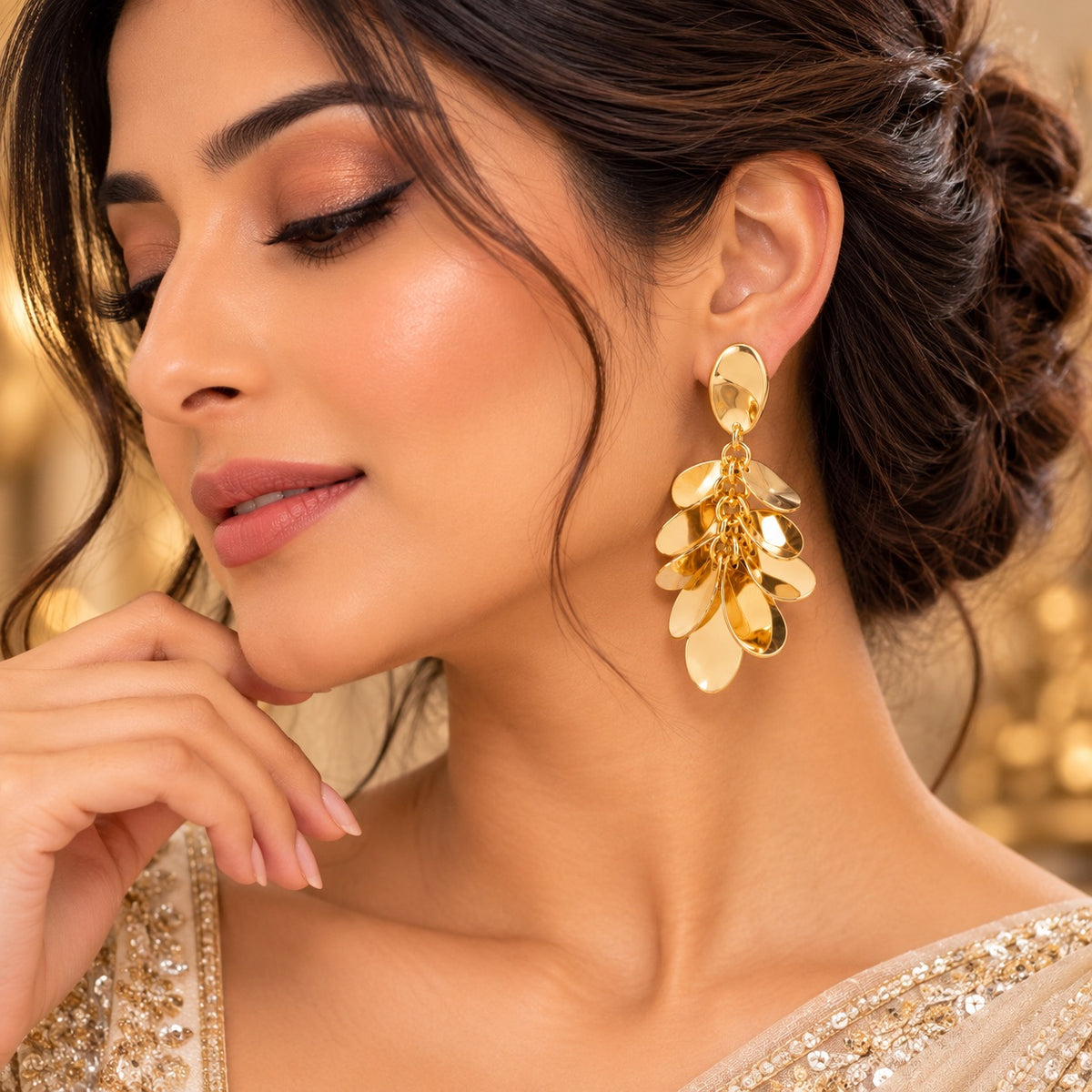 Lavaya Luxury Gold-Tone Cascading Petal Drop Earrings for Women